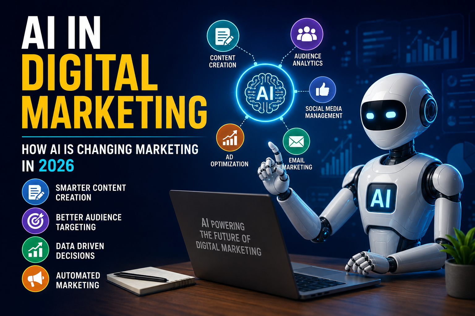 AI in digital marketing showing AI-powered content creation, audience analytics, social media management, ad optimization, email marketing, and automated marketing in 2026.