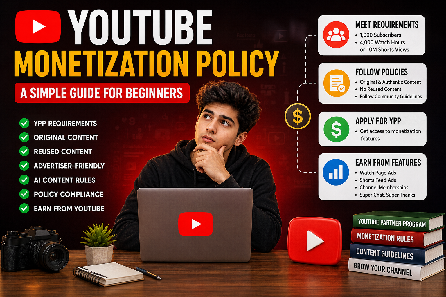 YouTube Monetization Policy infographic showing YPP requirements,